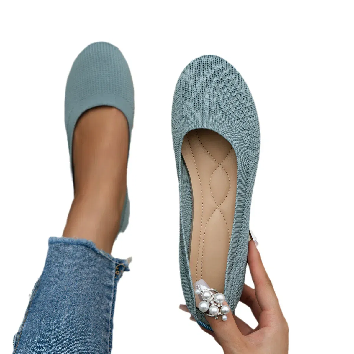 Color: Beige, Shoe Size: 41 - Elastic Knitting Flats Slip on Shoes for Women 2024 Summer Breathable Soft Loafers Woman Lightweight Casual Shoes Mom Moccasins
