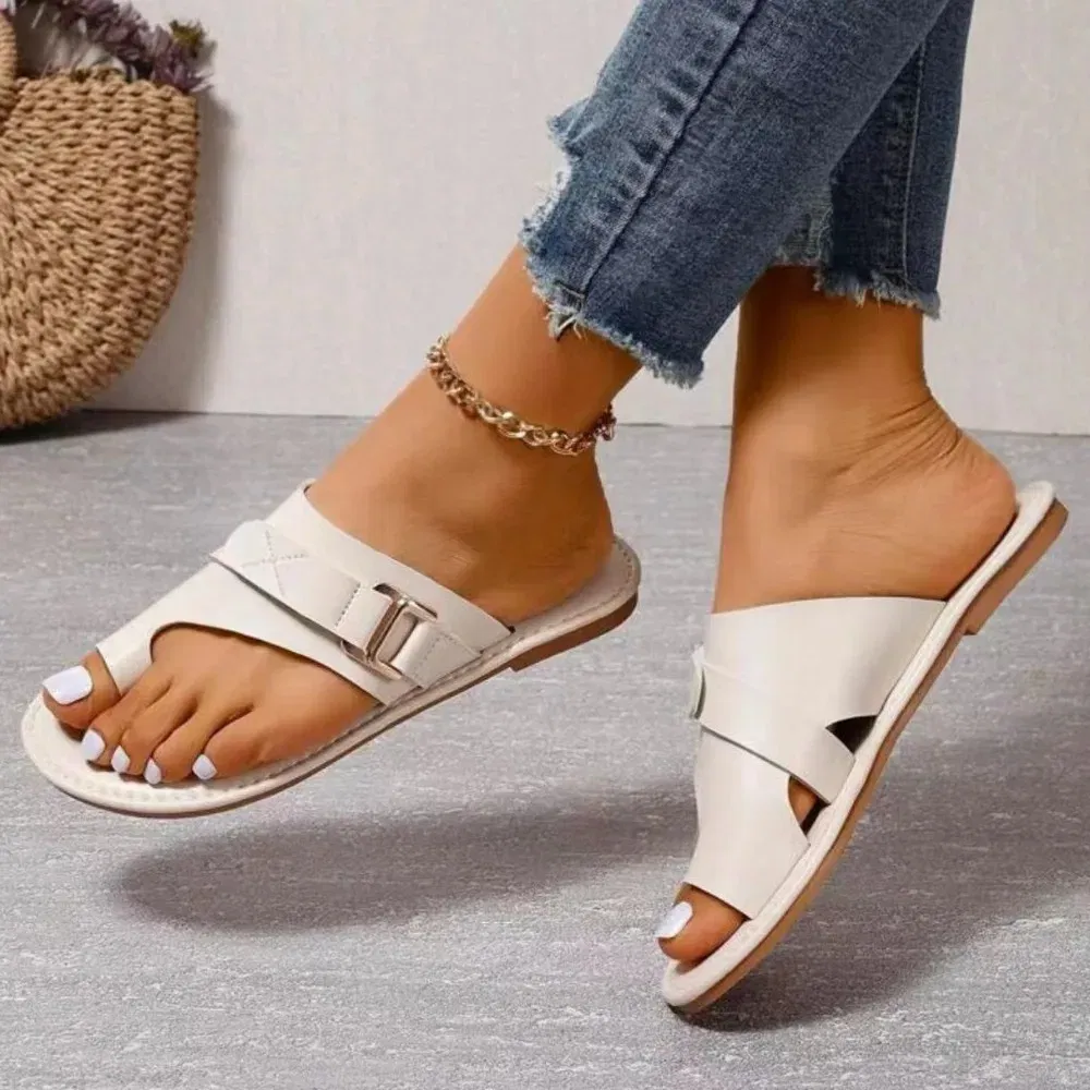 Color: Beige, Shoe Size: 42 - Women Slippers Outdoor Casual Beach Women Shoes Summer New Flats Flip Flop Sandals Walking Clip Toe Rome Buckle Ladies Slides