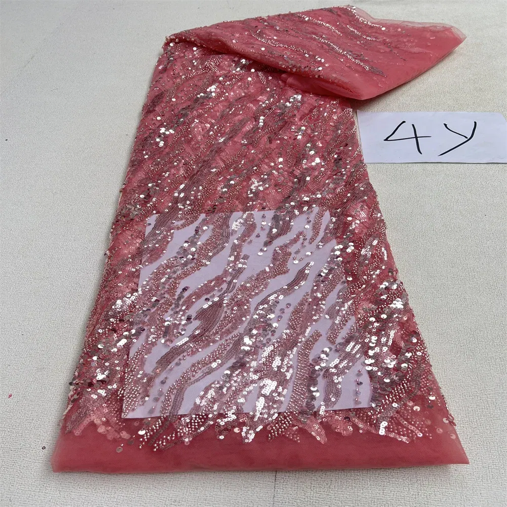 Color: Bright Yellow, Length: 5 yards, Width: 120cm - 2025 African Nigerian Tulle Lace Fabric Sequins Sewing Guipure Beads Stone Embroidery Dresses High Quality 4 Yards