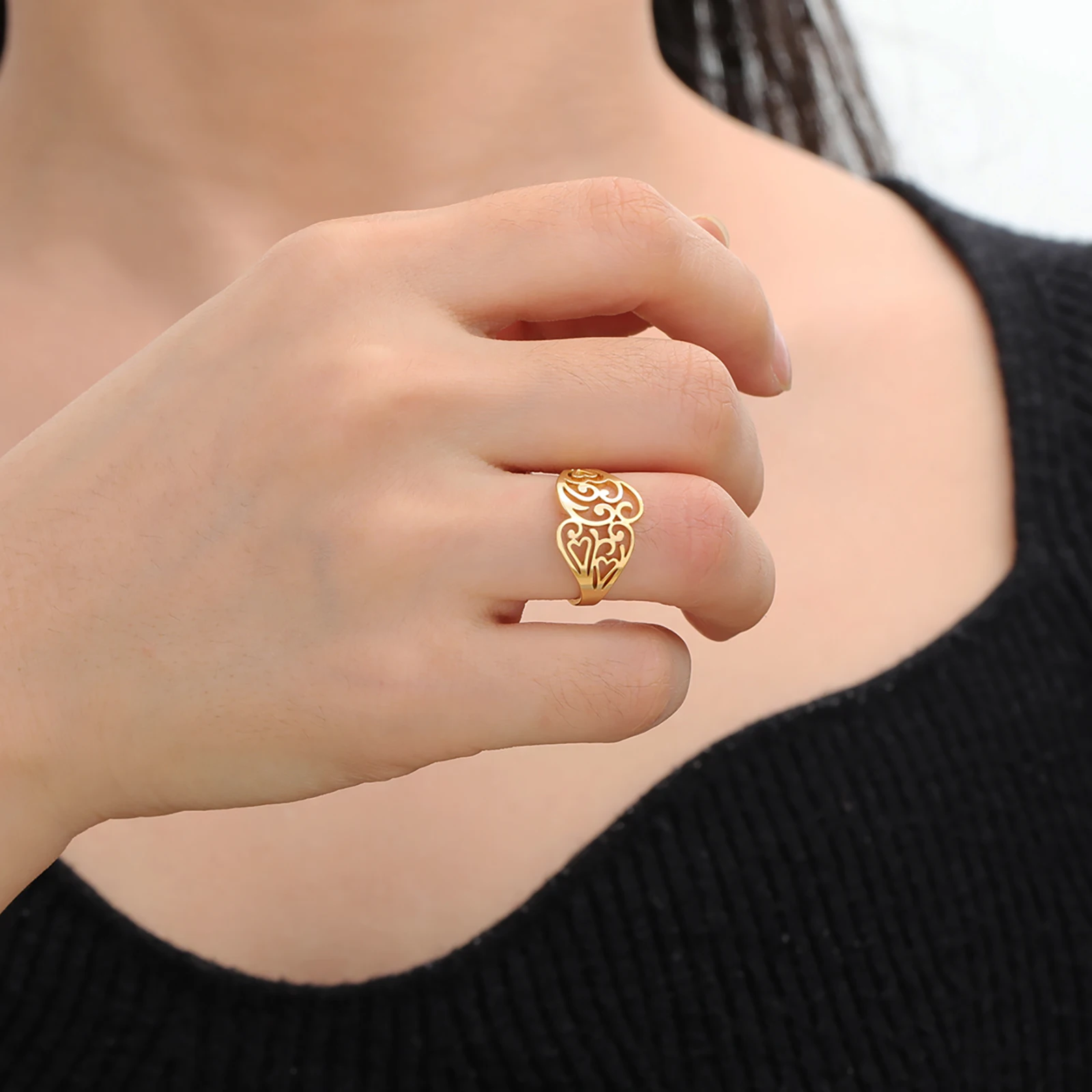 Main Stone Color: Gold, Ring Size: 8 - Skyrim Filigree Ring Stainless Steel Gold Color Elegant Finger Rings Women Bohemian Jewelry Wedding Band Gift Wholesale