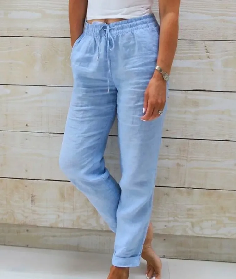 Color: WHITE, Size: XL - Cotton Linen Summer Pants for Women High Waist Elastic Casual Trousers Streetwear Solid Female Clothes 2024 Loose Pencil Pants