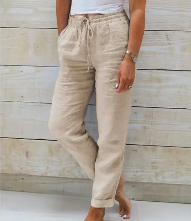 Color: WHITE, Size: XL - Cotton Linen Summer Pants for Women High Waist Elastic Casual Trousers Streetwear Solid Female Clothes 2024 Loose Pencil Pants