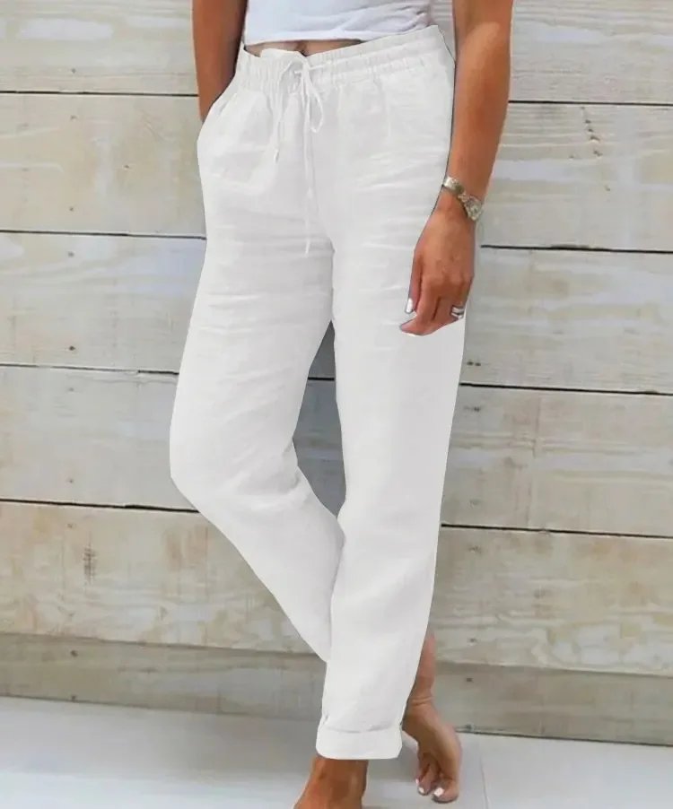 Color: WHITE, Size: XL - Cotton Linen Summer Pants for Women High Waist Elastic Casual Trousers Streetwear Solid Female Clothes 2024 Loose Pencil Pants