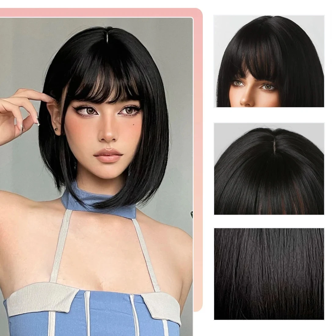 Color: T1B/613, Stretched Length: 12inches - Bob Black Synthetic Wigs Straight Cosplay Short Daily Natural Looking Hair Wig with Bangs Heat Resistant Fiber for Women Afro