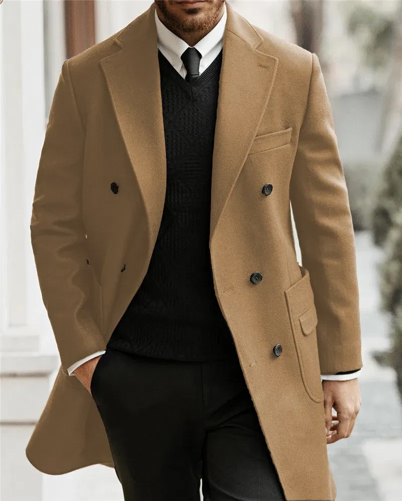 Color: Brown, Size: 5XL - Classic Man Trench Coat Customized Notched Lapel Full Man Terno Double Breasted Elegant Gentleman Long Coat Men's Winter Jacket