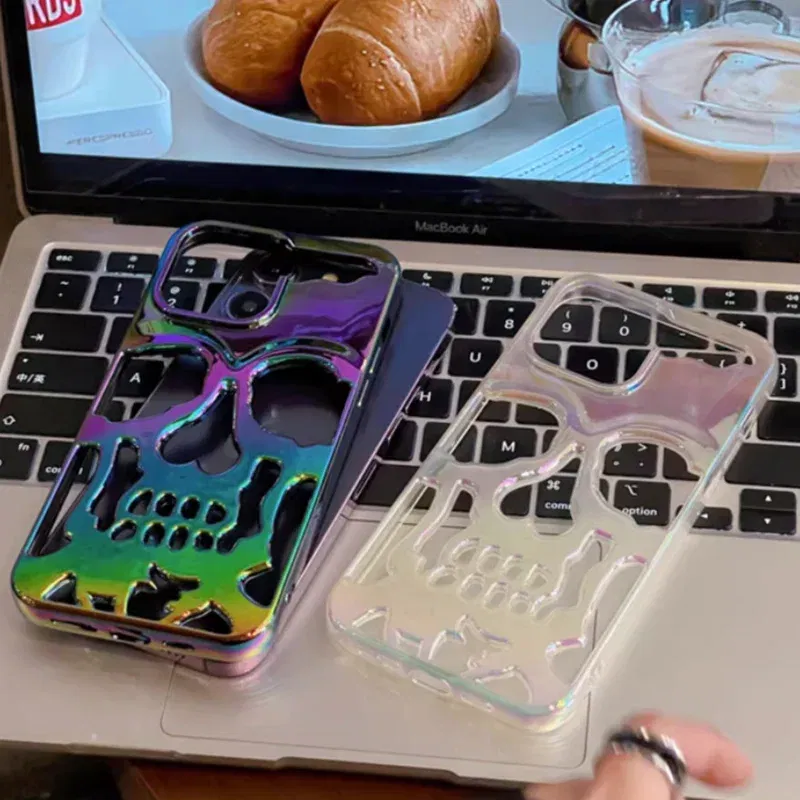 Color: Black, Material: Canvas - 3D Skull Ghostface Phone Case for iPhone 14 15 ProMax 11 12 13 Pro Max Plus Fashion Hollow Heat Dissipation Plating Slim Cover