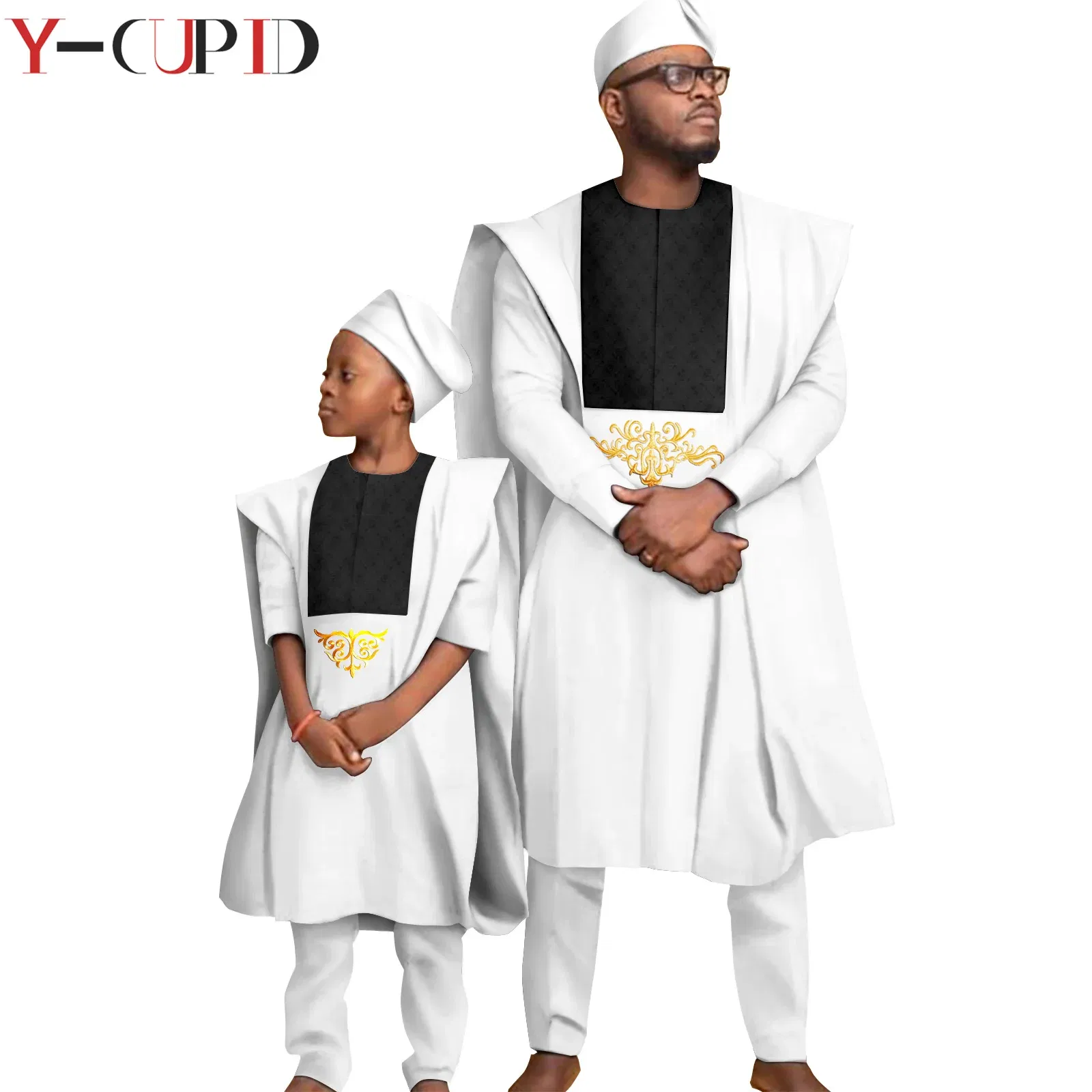 Color: Red, Size: Mother 3XL  - African Clothes for Men Top Pants Robes Hat Sets Match Kid Boy Sets Dashiki Father and Son Bazin Riche Family Outfits Y20F001