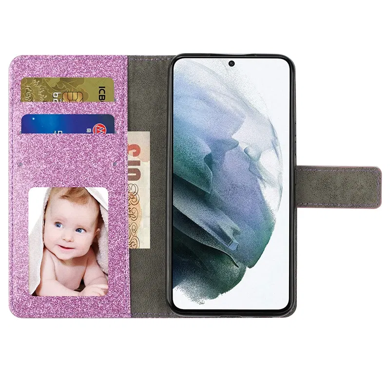 Color: Pink, Material: leather - Wallet Glitter Case For Samsung Galaxy S24 FE S23 Ultra S22 Plus S21 S20 A13 A14 A15 A16 A53 A54 A55 A34 Flip Luxury Leather