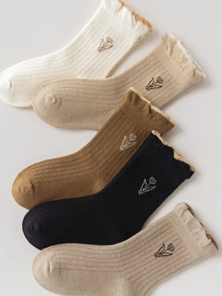 Color: Brown, Size: 10-12T - 3-12Y Girls Socks Spring Autumn Sweet princess Ruffle Medium Socks Cotton Socks  5 Pairs