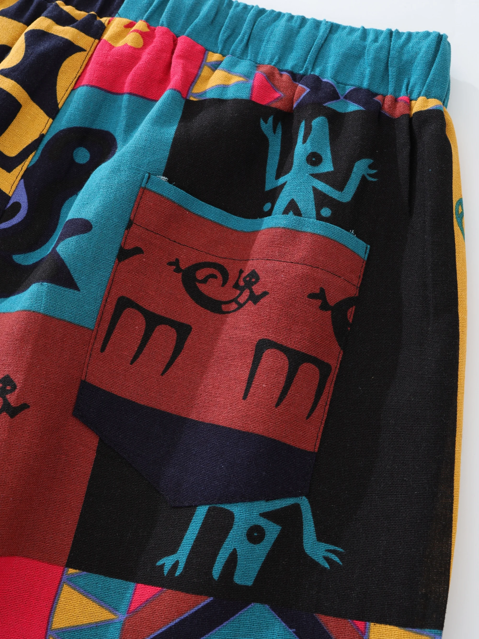 Color: SKY BLUE, Size: L - Mens Boho Tribal Print Stretch Linen Pnats Cotton Blend Drawstring LightWeight Trousers with Pockets Summer Jogger Pants