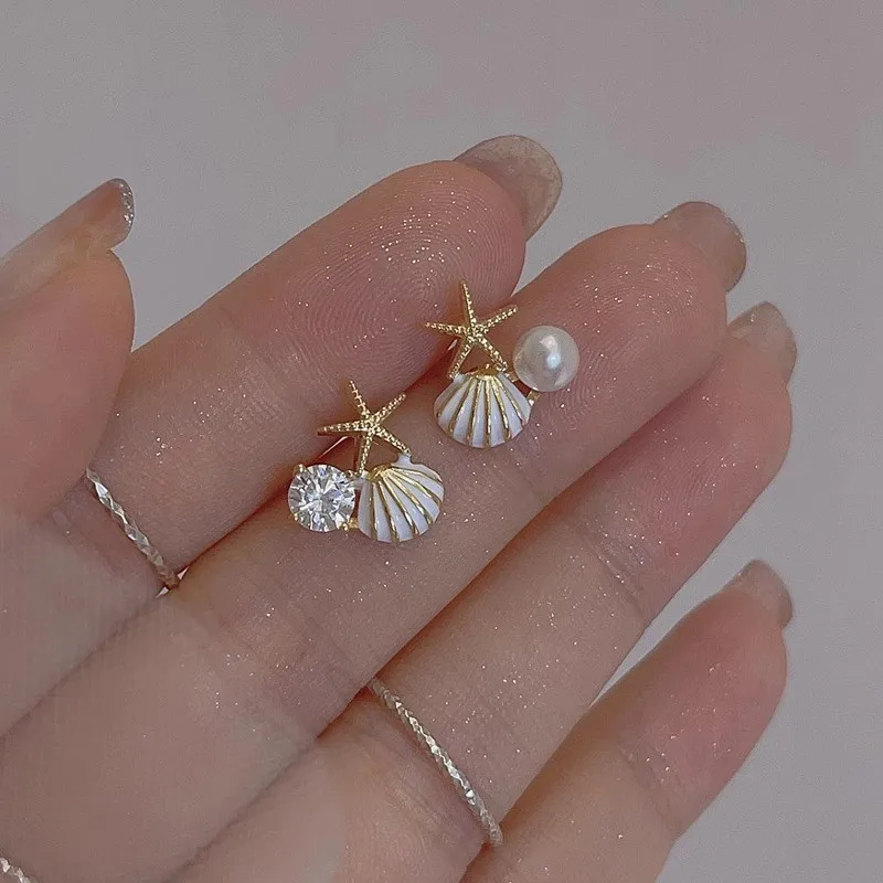 Metal Color: Gold-color - New Starfish Shell Imitation Pearl Enamel Asymmetric Stud Earrings For Women Girl Wedding Jewelry Lady Temperament Pendientes