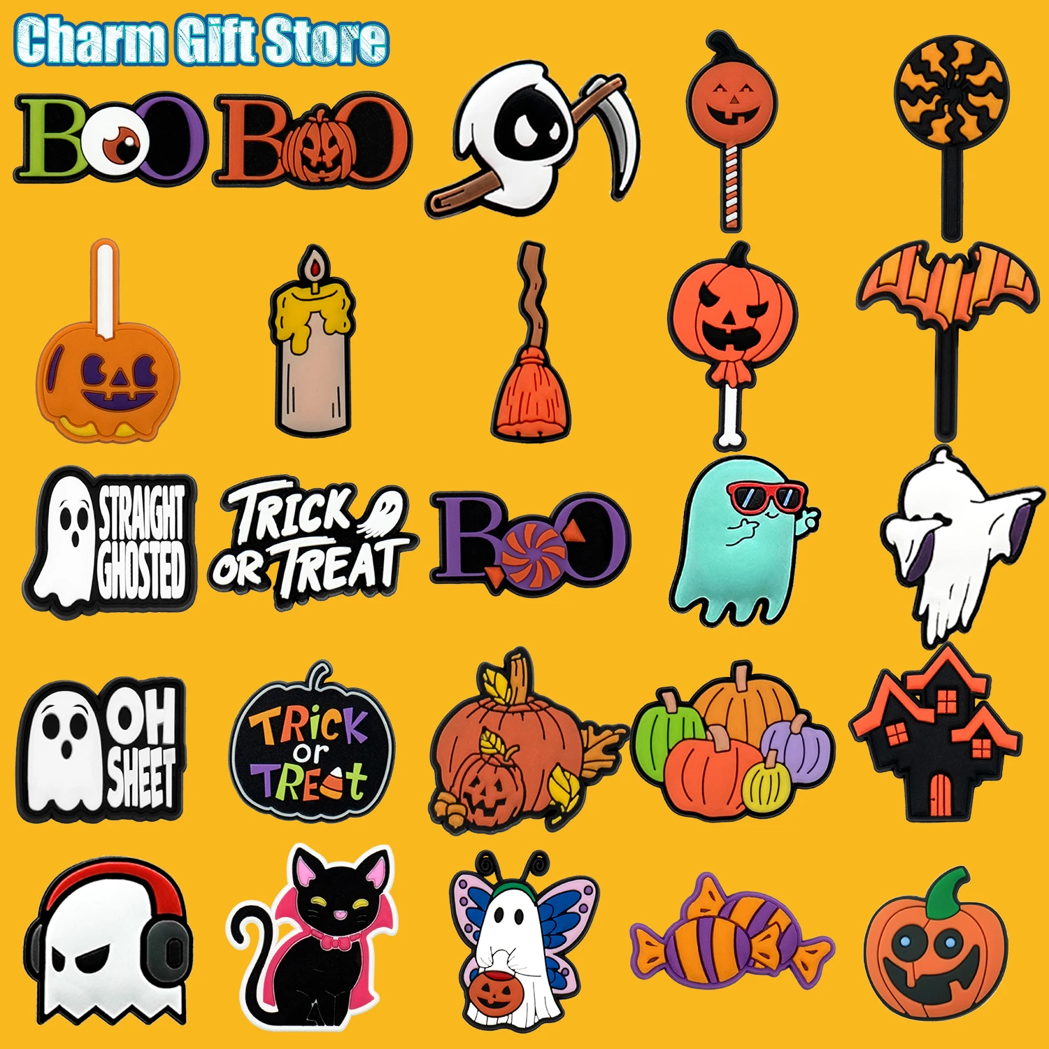 Color: Beige - Halloween Shoe Charms Funny Ghosts Pumpkin Clog Charms Sweets Candles Broom Shoe Clips Decorations Chips Cats Bats Clips Jeans