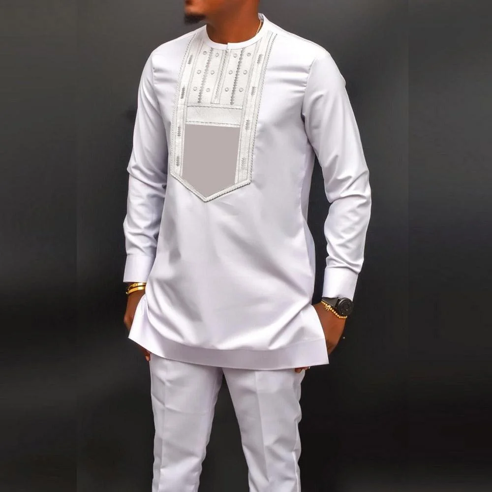 Color: Navy Blue, Size: XL - New Dashiki Men's Set Grey Round Neck Long Sleeve Luxury Brand Men's Suit Casual Slim Fit Men's Set Wedding Evening Suit