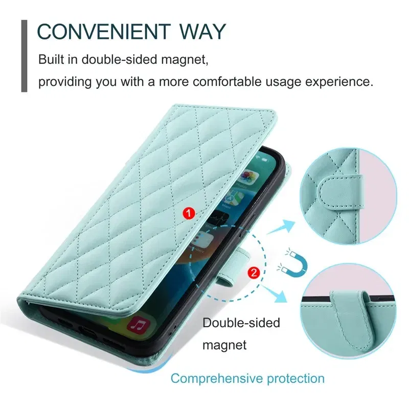 Material: Polyester, Color: Black - Long lanyard Flip Leather Phone Case for Samsung Galaxy S24 Ultra S23 FE S22 S21 S20 S10 Plus Wallet Card Cover Coque