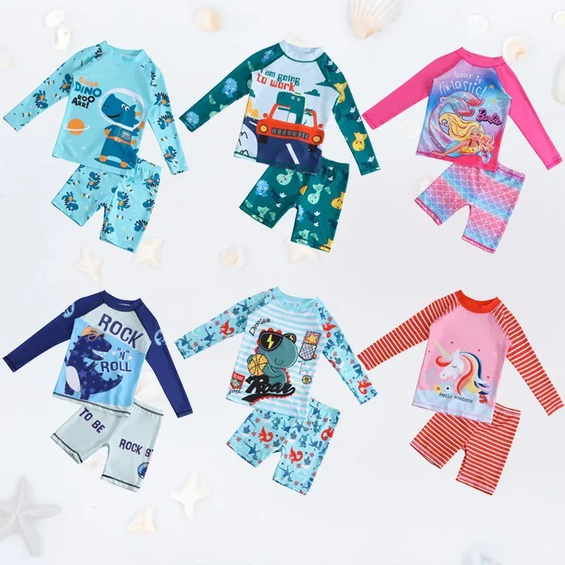 Color: Brown, Kid Size: 24M - Children Swimsuit  Kids Boys Girls Swimwear  Children Surfing Wear  Sunscreen Quick Dry Swimwear Car Cartoon Swimsuit Beach Wear