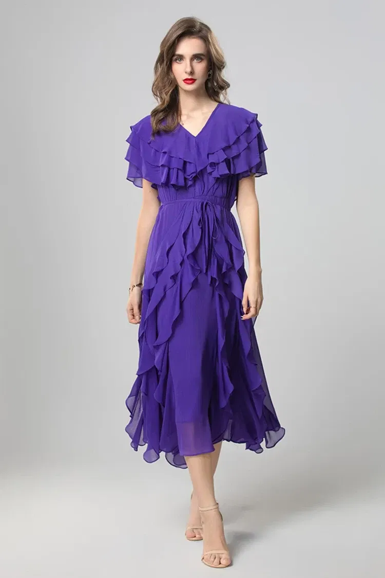 Color: Pink, Size: M, Ships From: CHINA - SEQINYY Elegant Midi Dress Summer Spring New Fashion Design Women Runway Short Sleeve Ruffles Cascading High Street Casual