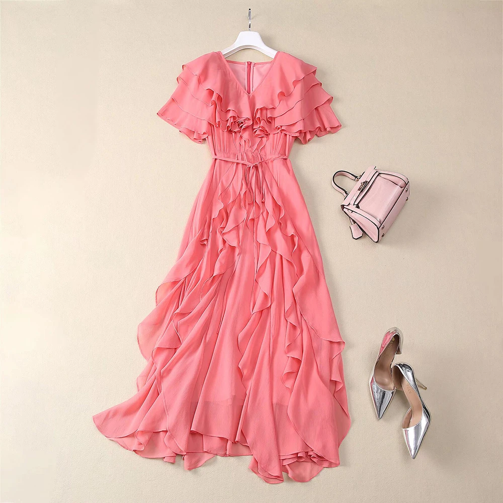 Color: Pink, Size: M, Ships From: CHINA - SEQINYY Elegant Midi Dress Summer Spring New Fashion Design Women Runway Short Sleeve Ruffles Cascading High Street Casual