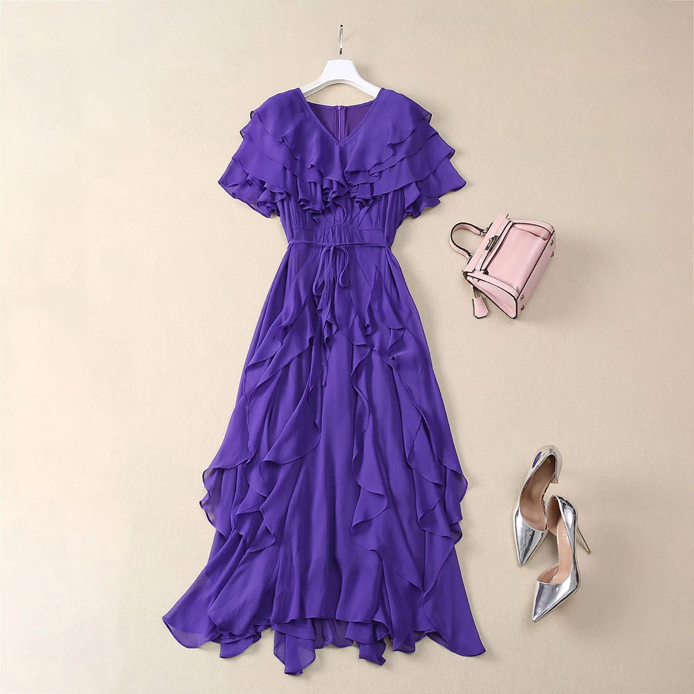 Color: Pink, Size: M, Ships From: CHINA - SEQINYY Elegant Midi Dress Summer Spring New Fashion Design Women Runway Short Sleeve Ruffles Cascading High Street Casual