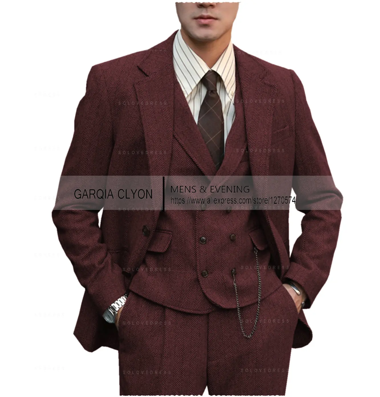 Color: GRAY, Size: L - Tweed Herringbone 3 Pieces Herringbone Men's Business Suits Single Breasted Slim Fit Groom  Formal Suits?€Blazer+vest+Pants?‰