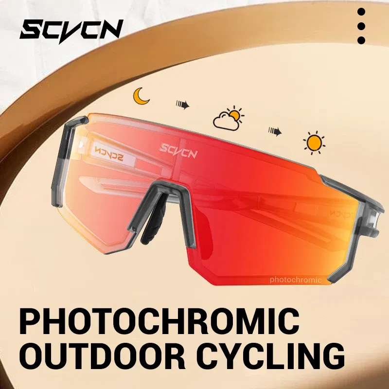 Color Name: Red - SCVCN Color Photochromic Cycling Glasses Outdoo Fashion Sports Sunglasses Men MTB Cycling Sunglasses Women Road Bike Glasses