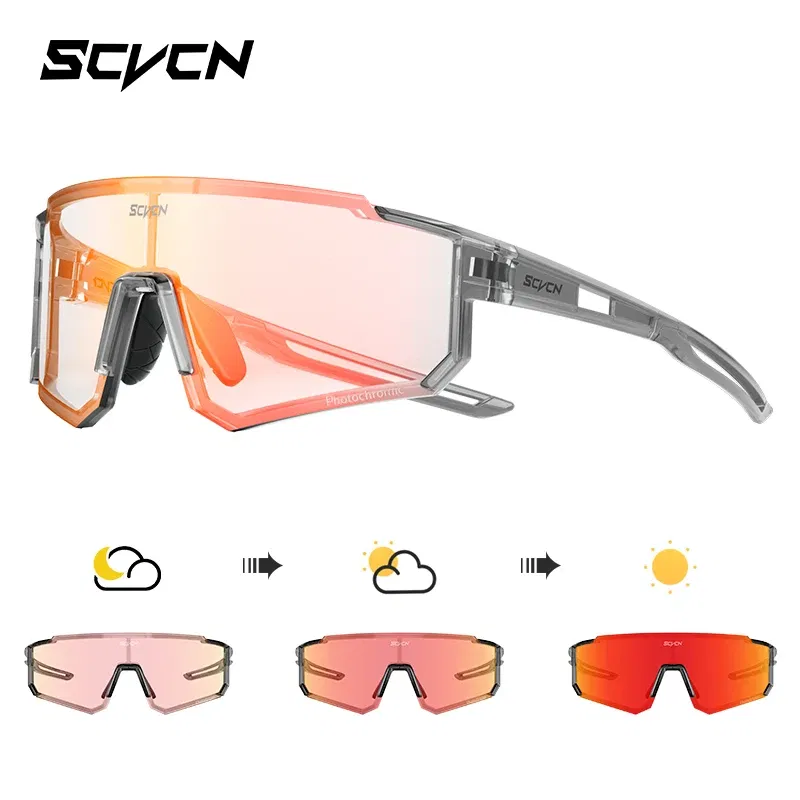 Color Name: Red - SCVCN Color Photochromic Cycling Glasses Outdoo Fashion Sports Sunglasses Men MTB Cycling Sunglasses Women Road Bike Glasses