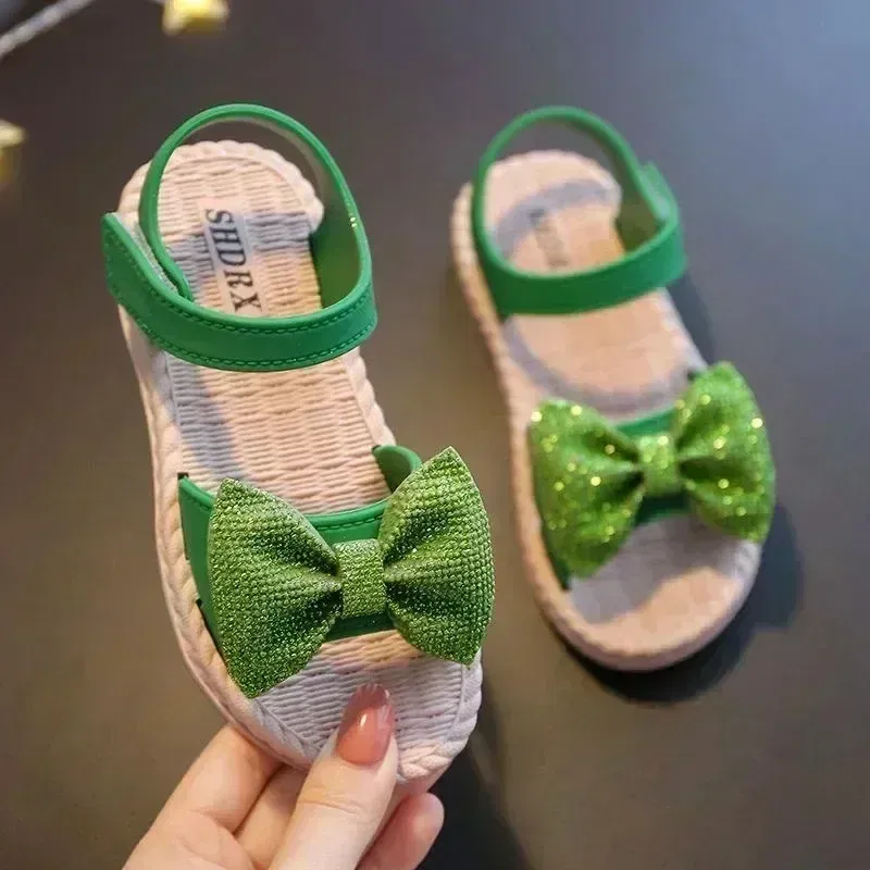 Color: Blue, Shoe Size: 1.5 - Girls Sandals 2024 Summer Princess Children Sandals Bow Tie Girl Shoes Fashion Casual Non Slip Kids Beach Shoes