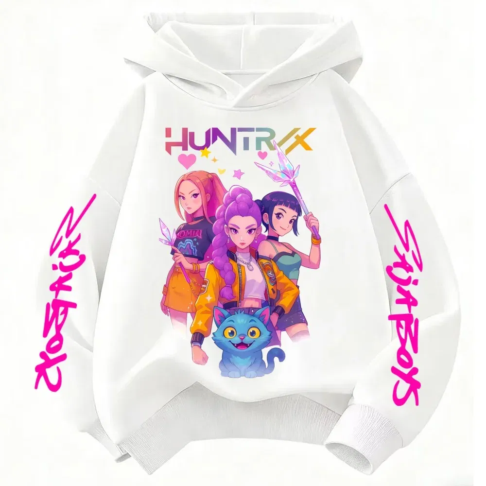 Color: WHITE, Kid Size: 5 - Movie KPop Demon Hunters Rumi Mira Zoey Graphic Hoodie Men's Women Korean Fashion Trend Streetwear Unisex Casual Fleece Pullover
