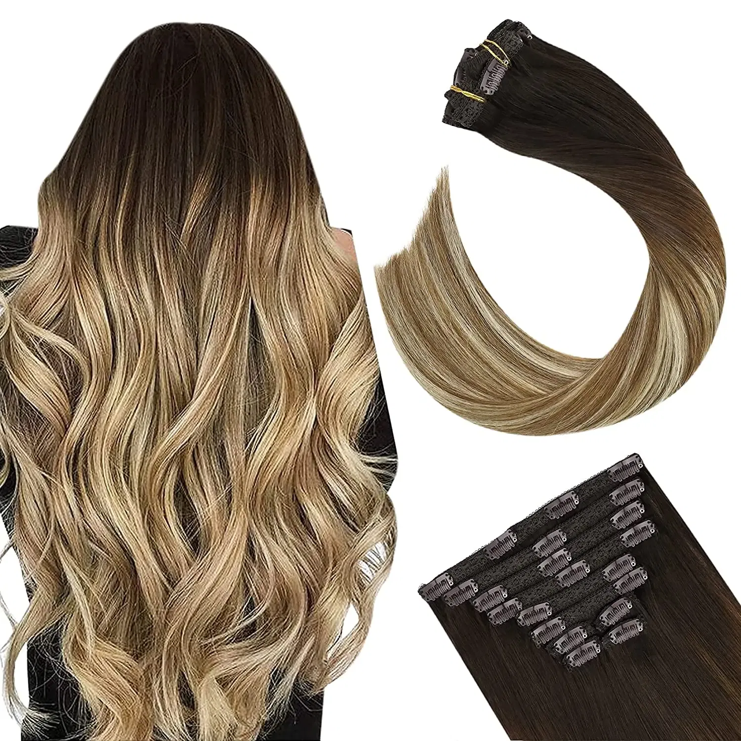 Color: TDB3/Lilac, Length: 24 Inches, Weight Per Package: 120g/Set - [16 Colors] Ugeat Clip in Hair Extensions Human Hair 14-22" Double Weft Remy Hair Full Head Clip in Extensions for Woman 7Pcs
