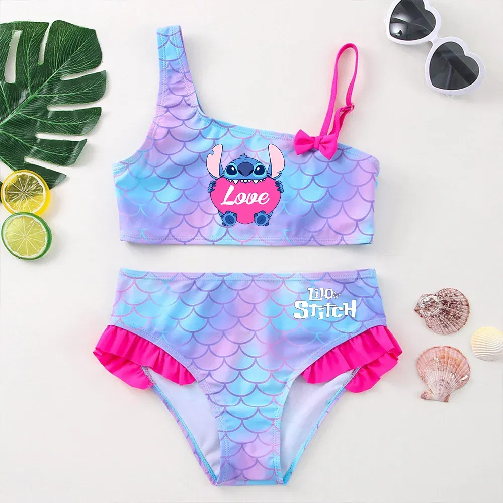 Color: Ivory, Size: L - Lilo Stitch Girls Swimsuit One-Piece Bathing Suits Children's Dresses Summer Swimwear Beach Suit Kids Wear Fashion Mermaid Fish