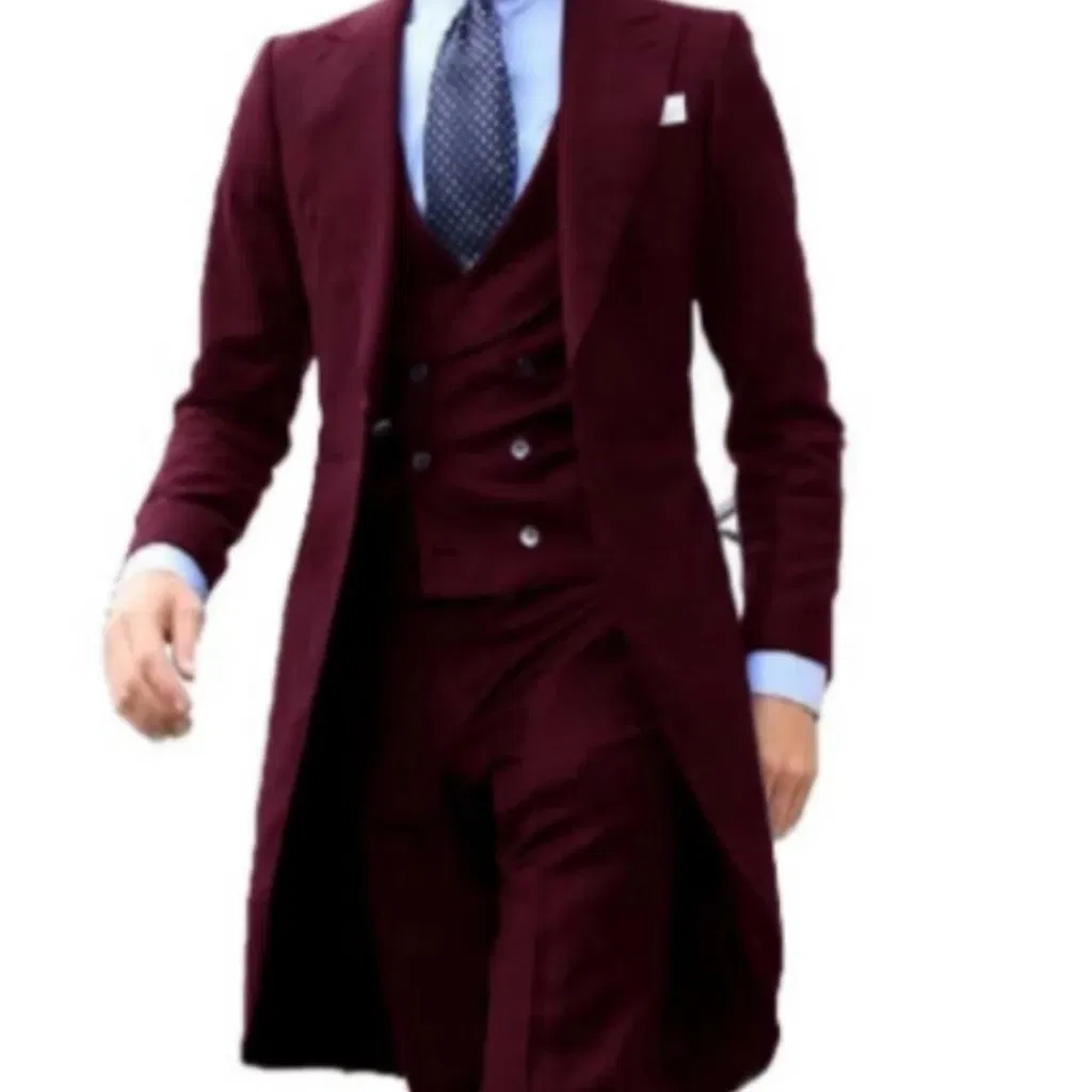 Color: PURPLE, Size: M - Elegant man suit Slim Fit Suit Luxury Formal Tuxedos Wedding 3 Pieces Blazer Vest Pants Set Long Tail Coat One Button Custom
