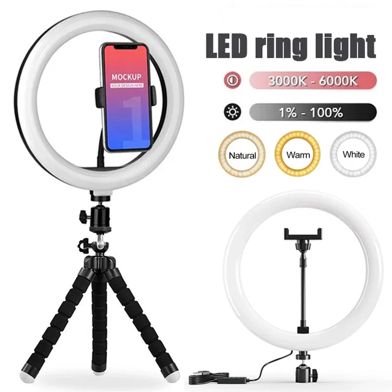 Color: Yellow - 10 inch LED Selfie Ring Light Dimmable Photography Fill Lamp with Mini tripod for Mobile Phone Live Video Photo Studio Ringlight