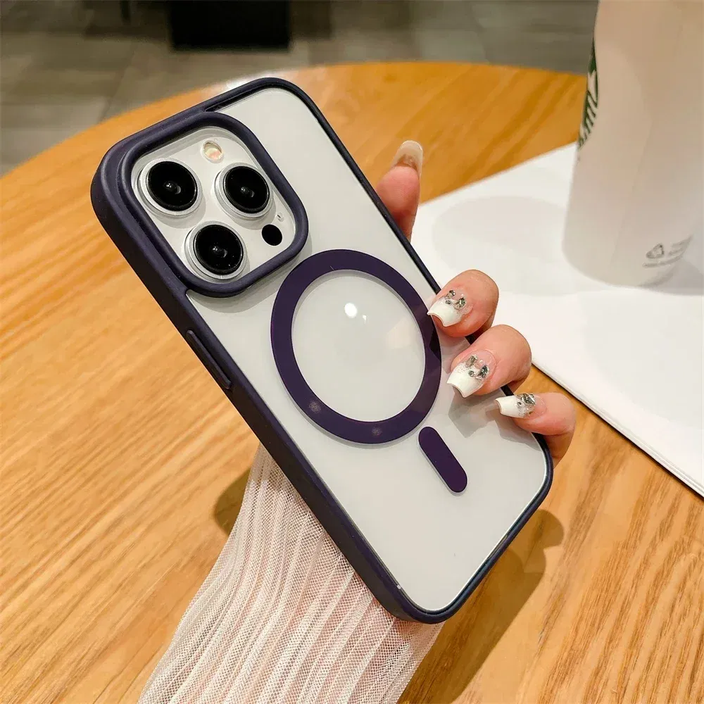 Color: PURPLE, Material: PU - Luxury Shockproof Magsafe Wireless Charge Case for iPhone 17 Air 16 15 14 Plus 13 12 Mini 11 Pro Max Clear Magnetic Bumper Cover