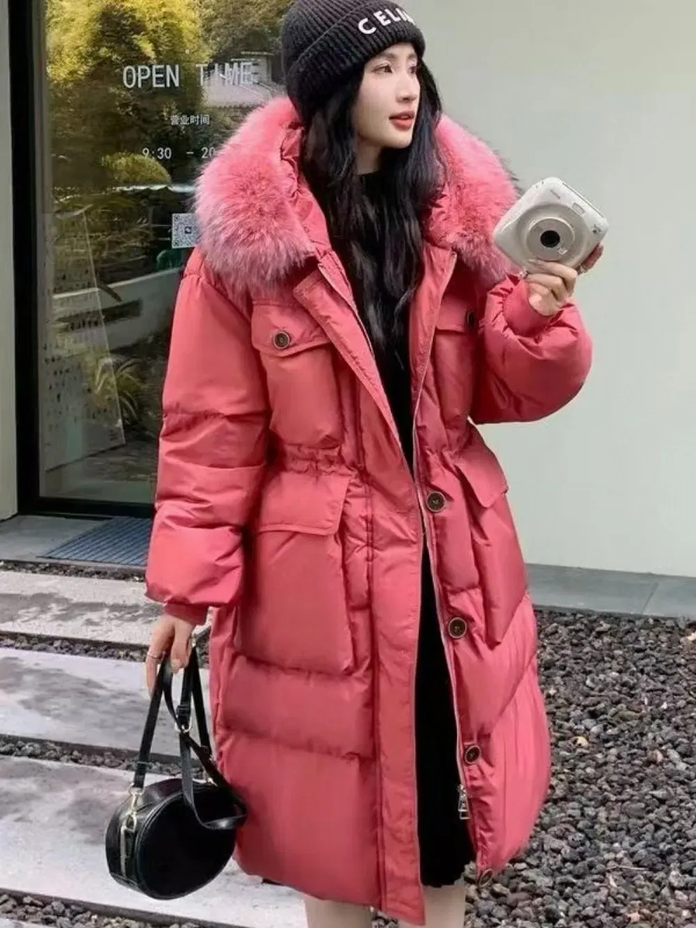 Color: RHODO, Size: S - Down Jacket Women Waterproof Winter Long Puffer Jacket 2024 Real Raccoon Fur Hooded Duck Down Coat Female Rain Feather Parkas