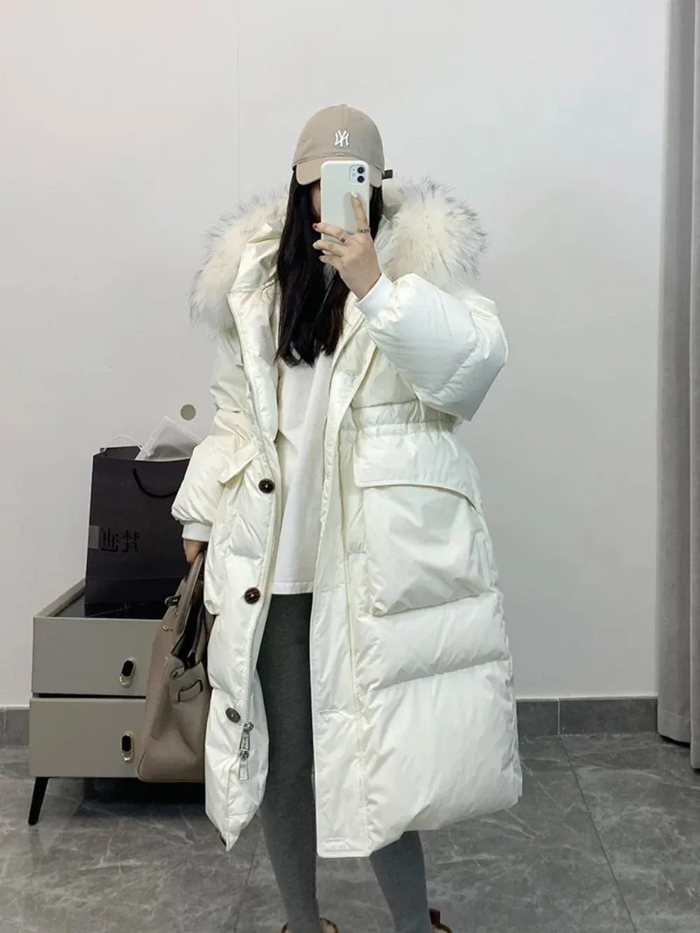 Color: RHODO, Size: S - Down Jacket Women Waterproof Winter Long Puffer Jacket 2024 Real Raccoon Fur Hooded Duck Down Coat Female Rain Feather Parkas