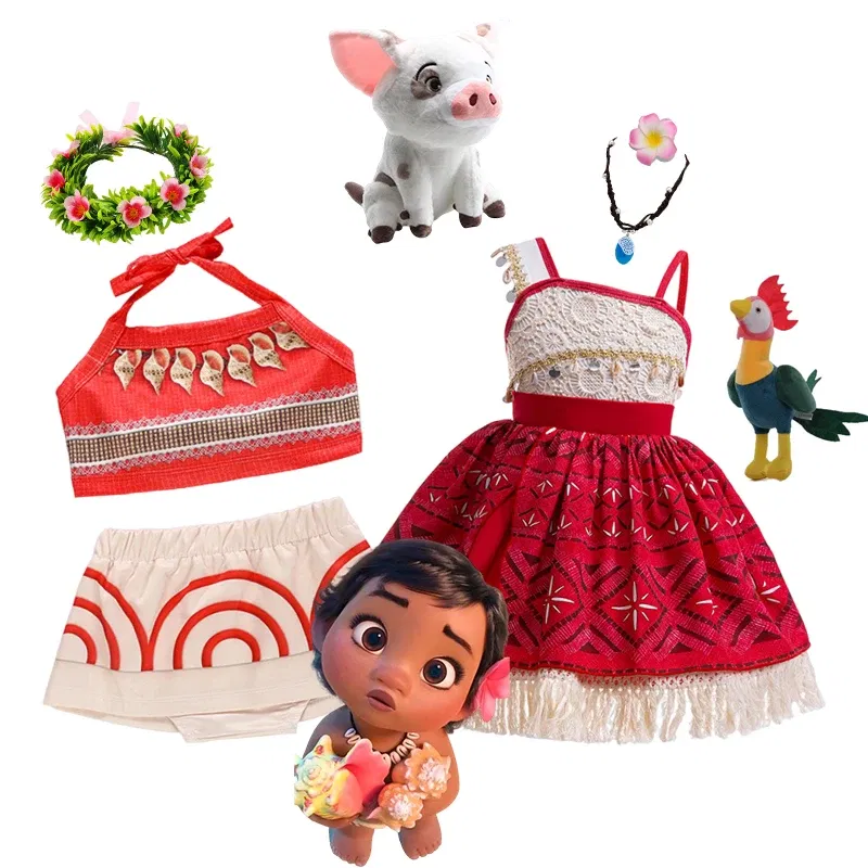 Color: Pink, Kid Size: 2T - Disney New Moana Dress Costumes Kids Girl Cosplay Toddler Movie Ocean Adventure Infant Frock Halloween Party With Chick Clothes