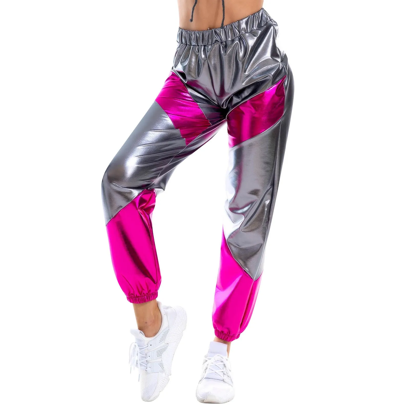 Color: Pink, Size: XL - Women'S Shiny Trousers Elastic Sports Leisure Casual Long Sweatpants Jogging Bottoms Stretch Leggings Party Disco Clubwear
