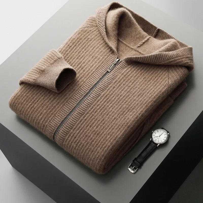 Color: Gold, Size: S, Ships From: CHINA - New Product 100% Merino Wool Knitted Cardigan For Men Hooded Sweater Casual High-end Jacket Men's long Sleeved Wool Sweater Coat