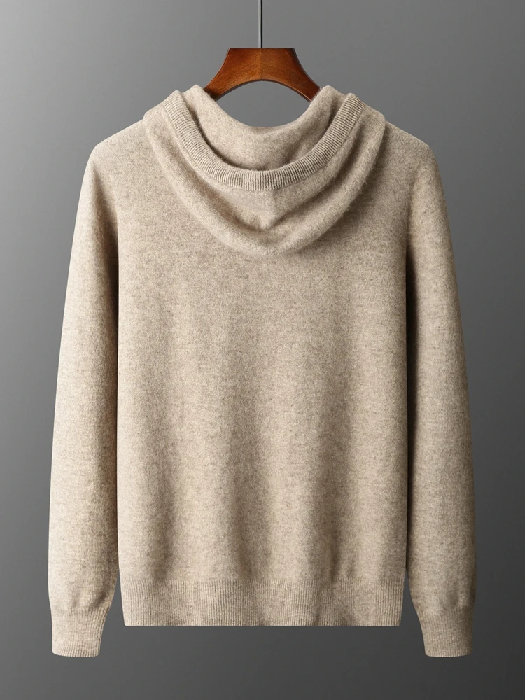 Color: Light Grey, Size: L - MEETCC Luxury Men Cashmere Hooded Pullover Thick Warm Hoodie Sweater Autumn Winter 100% Cashmere Knitwear Quality Jumpers Tops