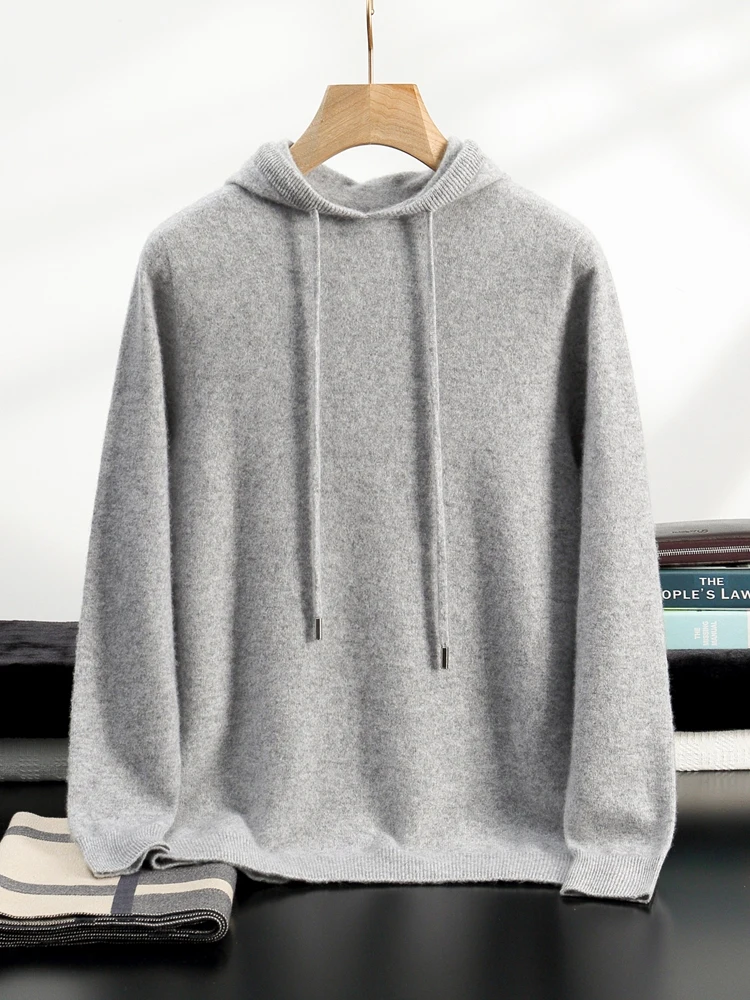 Color: Light Grey, Size: L - MEETCC Luxury Men Cashmere Hooded Pullover Thick Warm Hoodie Sweater Autumn Winter 100% Cashmere Knitwear Quality Jumpers Tops