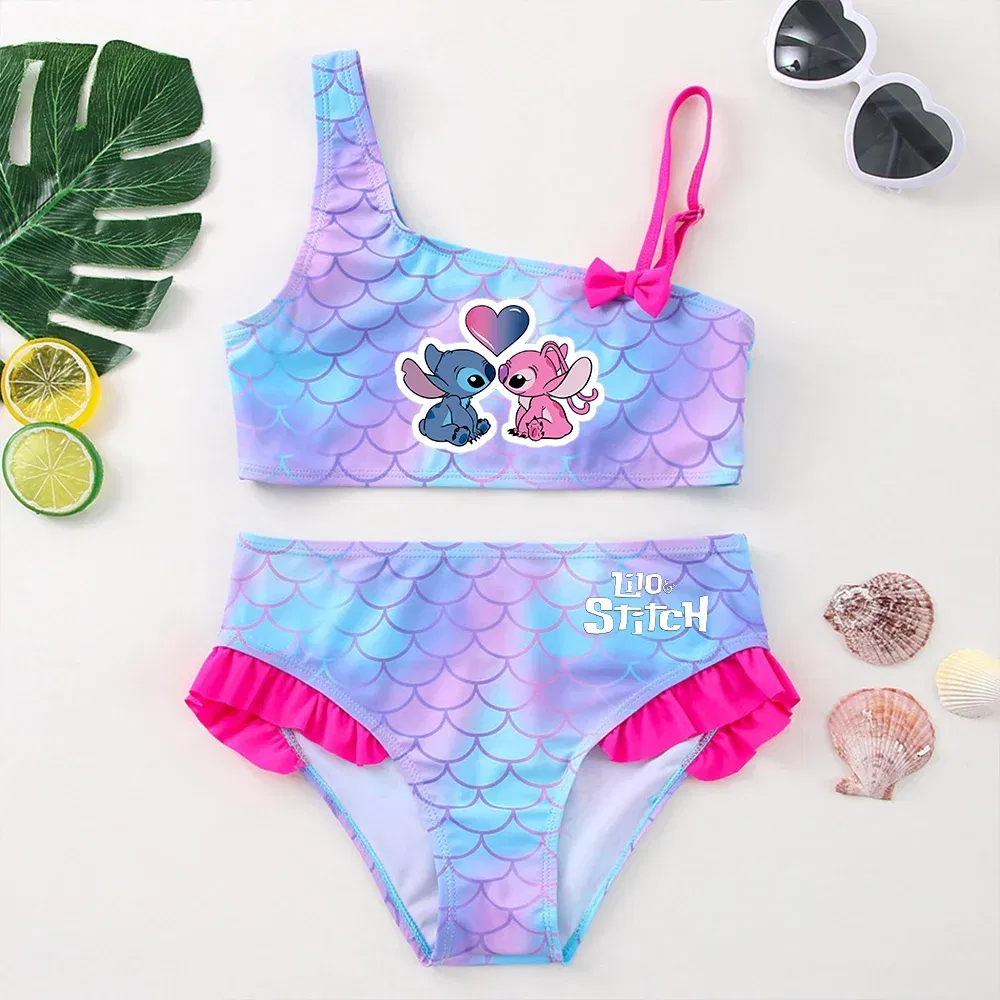 Color: WHITE, Size: XS - Lilo Stitch Girls Swimsuit One-Piece Bathing Suits Children's Dresses Summer Swimwear Beach Suit Kids Wear Fashion Mermaid Fish