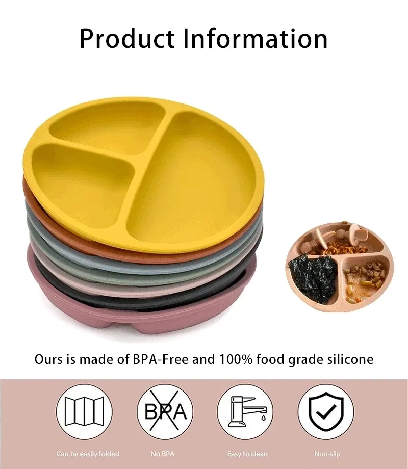 Color: GRAY - 9Colors Baby Plate Set Food Grade Silicone Dishes BPA-Free Tableware Kids Feeding Bowls Kids Learning Dishes Tray Dropshiping