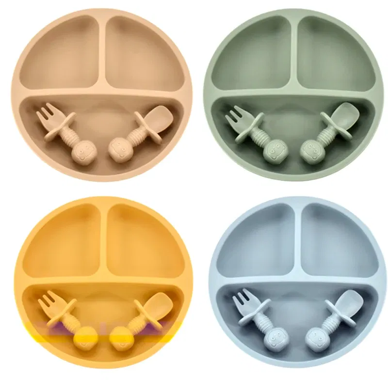 Color: GRAY - 9Colors Baby Plate Set Food Grade Silicone Dishes BPA-Free Tableware Kids Feeding Bowls Kids Learning Dishes Tray Dropshiping