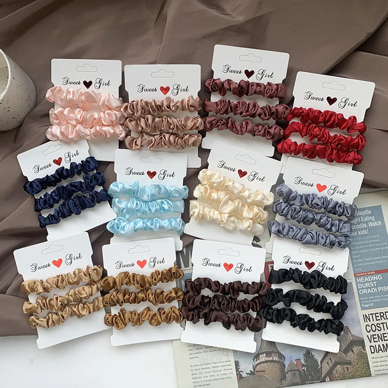 Color: Champagne - Free Shipping 3PCS/Set Satin Silky Scrunchies Hair Rope Luxury Solid Color Elastic Hair Bands Women Hair Accessories Headwear