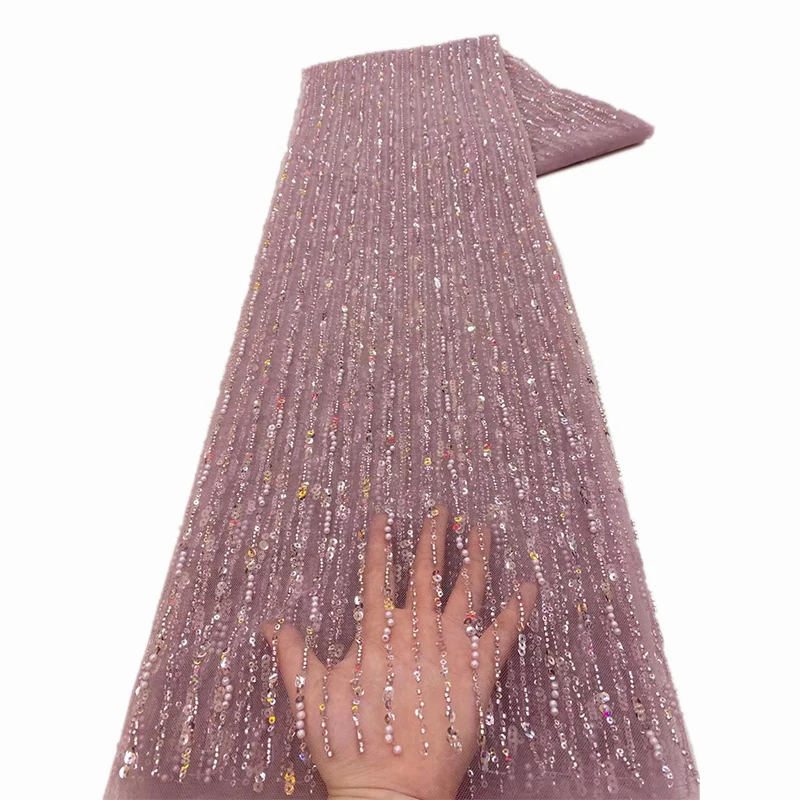 Color: Magenta, Length: 5 yards, Width: 120cm - African Lace Fabric 2025 Sequins Beaded Embroidery Groom Nigerian Bridal High Quality French Tulle Lace Fabric For Wedding