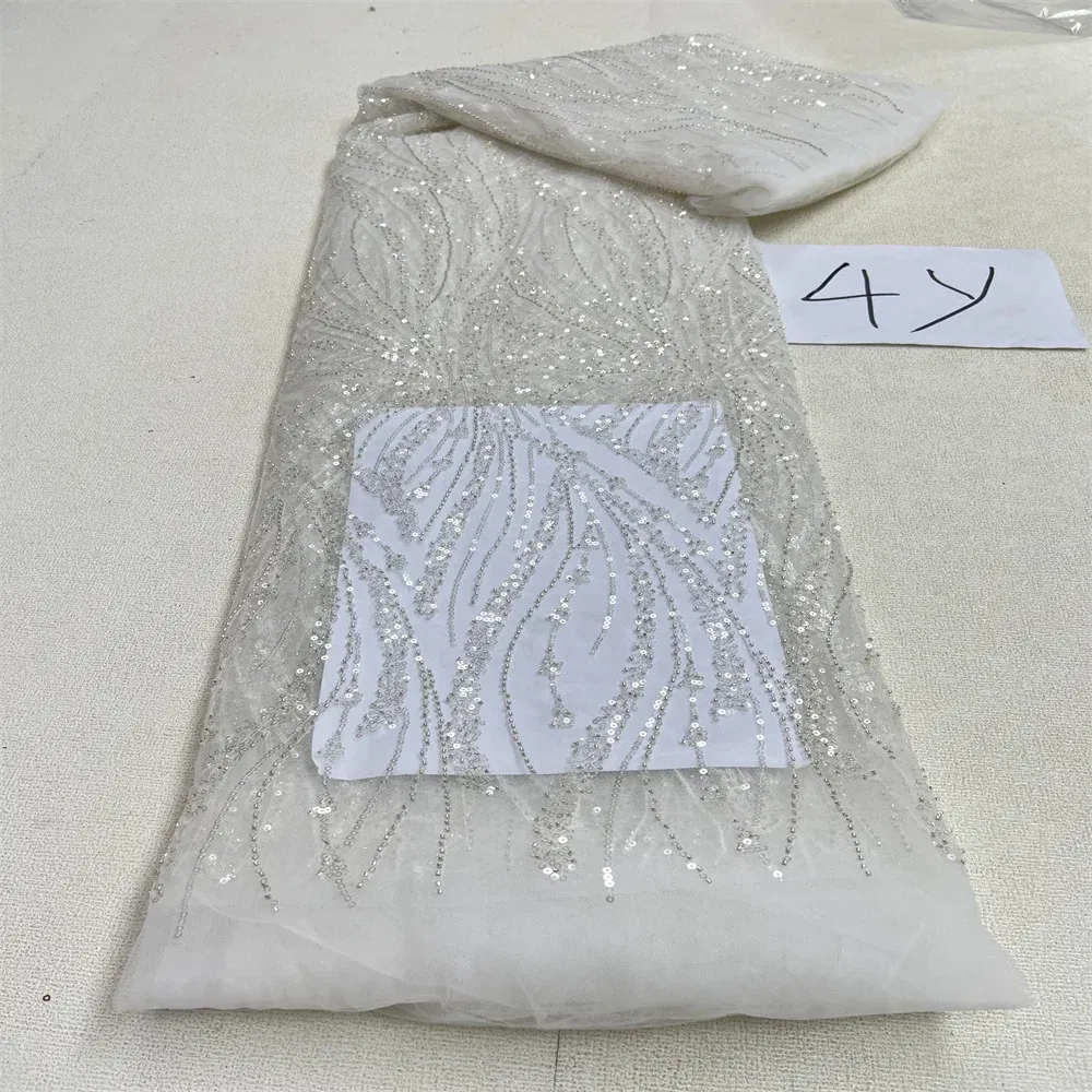 Color: WHITE, Length: 5 yards, Width: 120cm - 2025 African Nigerian Tulle Lace Fabric Sequins Sewing Guipure Beads Stone Embroidery Dresses High Quality 4 Yards