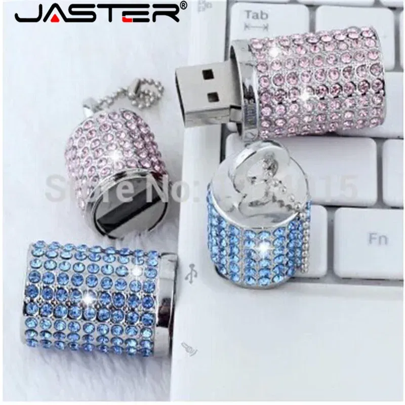 Color: Pink, Capacity: 128GB - JASTER Crystal cylindrical USB Flash Drive  fashion metal diamond pen driveu disk pendrive 4GB 8GB 16GB 32GB 64GB memory stick
