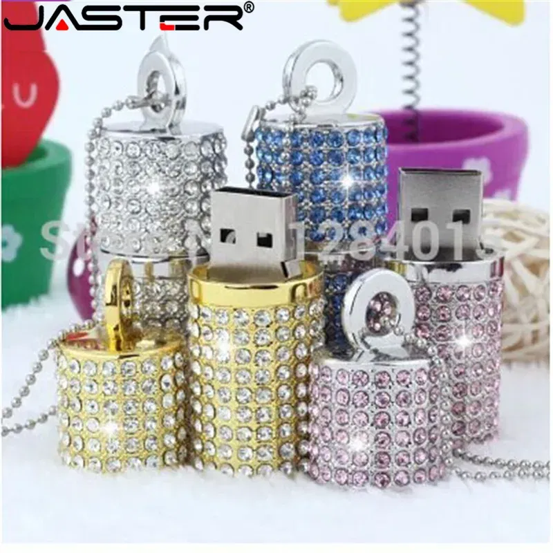 Color: Pink, Capacity: 128GB - JASTER Crystal cylindrical USB Flash Drive  fashion metal diamond pen driveu disk pendrive 4GB 8GB 16GB 32GB 64GB memory stick