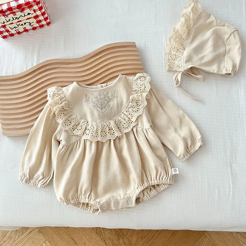 Color: black, Ships From: CHINA, Kid Size: 12M - MILANCEL New Spring Baby Bodysuit Toddler Embroidered Lace Jumpsuit with Hat Girls Outwear 2PCS