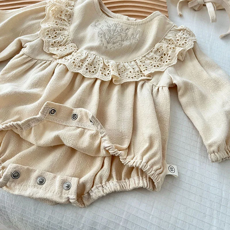 Color: black, Ships From: CHINA, Kid Size: 12M - MILANCEL New Spring Baby Bodysuit Toddler Embroidered Lace Jumpsuit with Hat Girls Outwear 2PCS