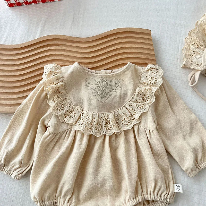 Color: black, Ships From: CHINA, Kid Size: 12M - MILANCEL New Spring Baby Bodysuit Toddler Embroidered Lace Jumpsuit with Hat Girls Outwear 2PCS